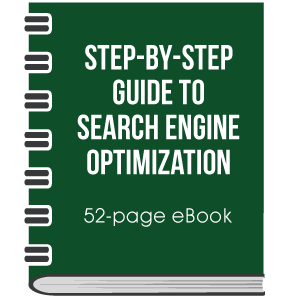 Graphic of a green spiral-bound book that reads Step-by-Step Guide to Search Engine Optimization 52-page eBook